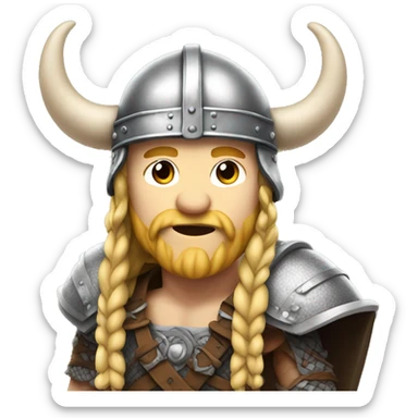 viking with long blonde hair and braids, white skin, wearing helmet with horns sticker
