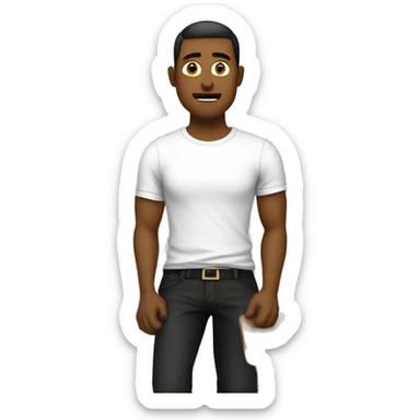 Guy In a white t shirt,with a red crest on the left,with long black pants sitting in a classroom stressed from work  sticker