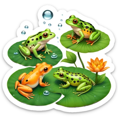 Icon for Amphibians: A colorful collage with various amphibians like a bright green frog sitting on a lily pad, a small salamander with orange spots, and a toad with bumpy skin. Water droplets around them and a pond in the background. Transparent background. sticker