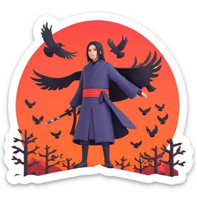 Itachi Uchiha themed emoji showing silhouette with crows flying, referencing genjutsu, modern emoji style sticker