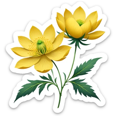 Japanese style Fukujuso (Adonis amurensis) flower in ukiyo-e inspired design, bright golden-yellow petals, green feathery leaves, traditional composition on subtle rice paper texture sticker