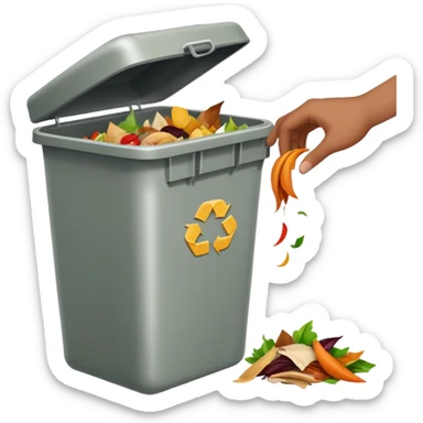 hand dropping food scraps into a trash bin, clean and expressive sticker
