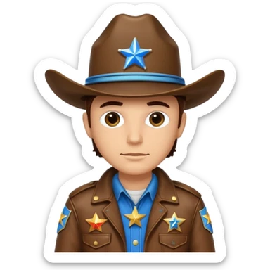 Sheriff with shiny blue star badge, brown jacket and blue hat sticker