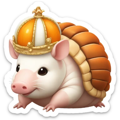 Orange and white piebald chubby round armadillo pig panda centipede armadillo wearing a crown sticker