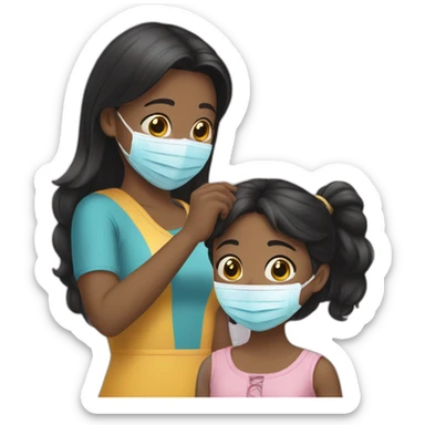 Black-haired girl putting on a girl’s mask sticker