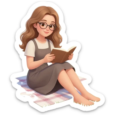 detailed emoji scene of a woman with long light brown wavy hair and light brown eyes wearing glasses, reading a book while sitting on a picnic blanket in the grass, peaceful picnic atmosphere, emoji style illustration sticker