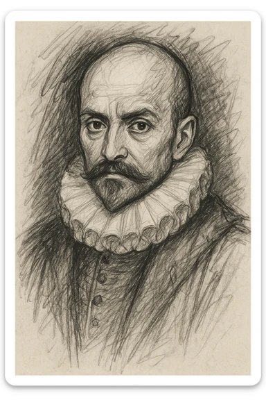 a hand drawn black outline portrait of philosopher Montaigne with similar-sized eyes based a famous portrait of him sticker