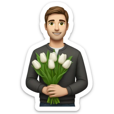 man with brown hair and green eyes holding a bouquet of white tulips sticker