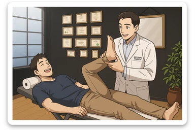 su questo lettino rappresenta un webtoon manga a colori con questo stile, in cui un uomo è steso sul lettino medico e il kinesiologo con il camice bianco (fagli anche la scritta "ANTONIO ANANIA" SUL CAMICE, gli solleva una gamba per fargli il test neuromuscolare, IL KINESIOLOGO SPIEGA ALL'UOMO UNA cosa mentre gli alza la gamba. l'espressione dell'uomo è felice e soddisfatta, non fare i fumetti però, fai solo in modo che sembri stiano parlando sticker