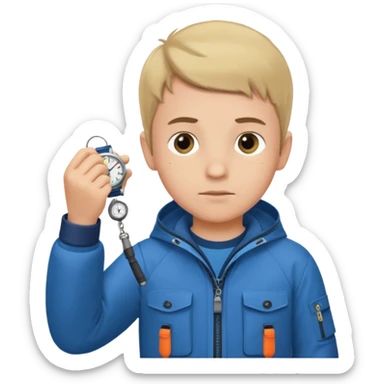 Boy in fishing suit looking at his wristwatch sticker