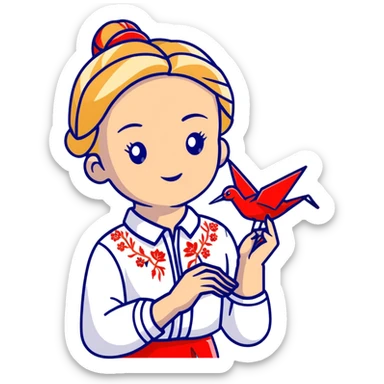 Ukrainian young girl with blonde braided hair wearing a white traditional embroidered shirt (vyshyvanka) holding a red origami paper crane in her hands sticker
