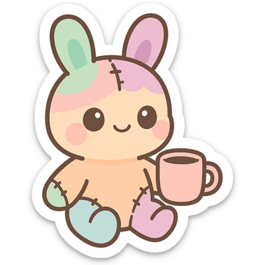 stitched-up rainbow-colored cartoon bunny, feminine features, holding coffee mug, adorable sticker