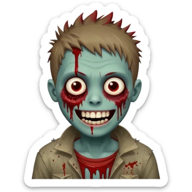 zombie boy with brown short spiky hair, white skin, and white eyes; an open smile, and bloodied teeth; sticker