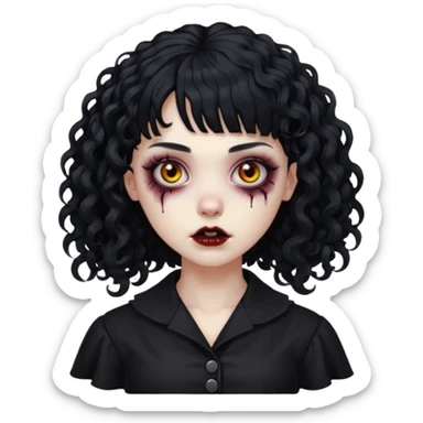 Faça uma mulher zumbi com o cabelo cacheado médio, e uma franja cacheada, cabelo preto e deixe ela meio gótica. sticker