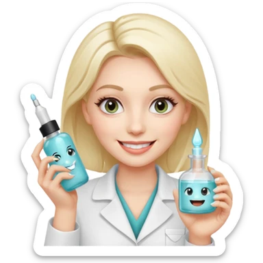 A smiling beautician with cold, calculating eyes, pointing at your cheek while holding an expensive serum bottle. Fake smile, predatory vibe. sticker