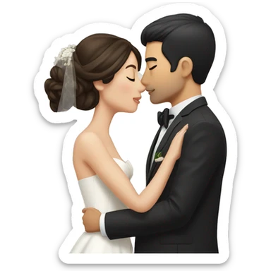 Bride with brunette hair and fair skin kissing groom with black hair and beige skin sticker