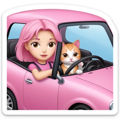 Girl driving a pink car with her cat sticker