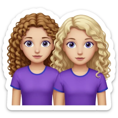 Twin sisters, one has brown eyes, long curly brown hair, the other one has blue eyes and straight blond hair purple top sticker