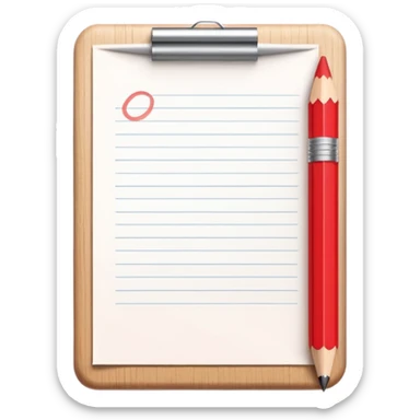 A red pencil in front of a small paper with minimal writing on it sticker