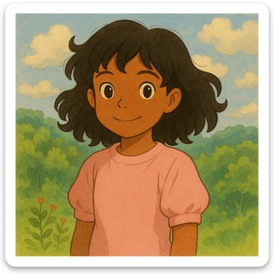 Make the black wavy hair arm length, keep the brown girl and cute light pink shirt, ghibli-inspired style sticker