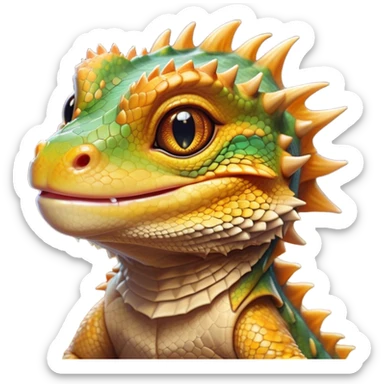 Cinematic Cute Bearded Dragon Portrait Emoji, Head tilted playfully and inquisitively, featuring a glossy, scaled hide in warm olive hues with an adorably scrunched spiky beard and round, sparkling eyes full of curious mischief, Simplified yet irresistibly adorable features, highly detailed, glowing with a warm, friendly glow, high shine, affectionate and lively, stylized with a touch of rugged whimsy, bright and endearing, soft glowing outline, capturing the essence of a mischievous yet loving dragon, so playful it feels like it could scamper out of the screen into your arms! sticker