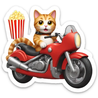A cat holding popcorn while on a red motorcycle sticker