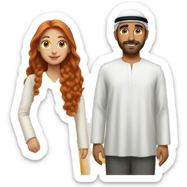 A wheat-haired woman with long red hair with a long white Emirati husband sticker