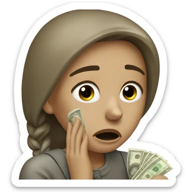 Crying woman using money to wipe sticker