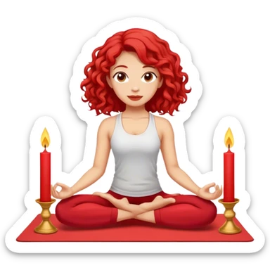 Light skin, yoga, red curled hair shoulder length, candles on the yoga mat sticker
