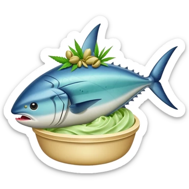 bluefin tuna in a gelato with cannabis leaf sticker