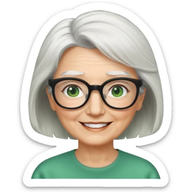 White hair grandma, green eyes, hair to shoulder, lokeg black glasses, rectangles face, smile , sticker