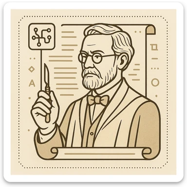 minimal elegant icon of a scholarly professor in classic academia style, dignified and not teaching, with a scalpel, set against a document background blending vintage academic motifs and subtle AI interface elements, refined cultured color scheme, technical and precise sticker