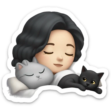 white girl with black hair sleeping with a gray cat sticker