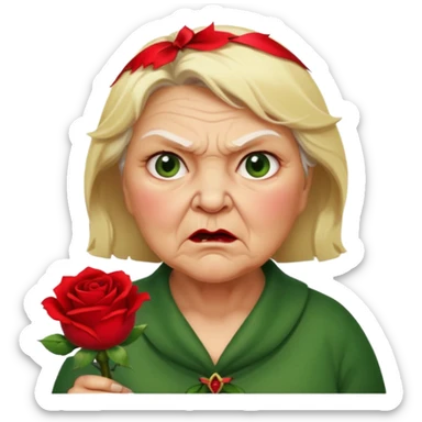 fat old lady holding a rose with blonde hair and an angry expression sticker