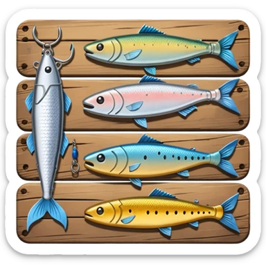 A metal lure set arranged on a wooden plank sticker