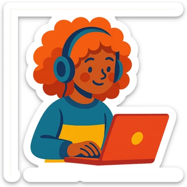 vibrant toon style curly hair girl with headphones and a laptop sticker