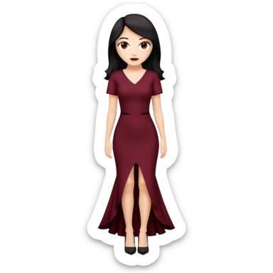 Chica blanca ,ojos marrones, vestido granate largo sexy manga corta,  cuerpo entero pelo negro y largo zapatos negros tacon sticker