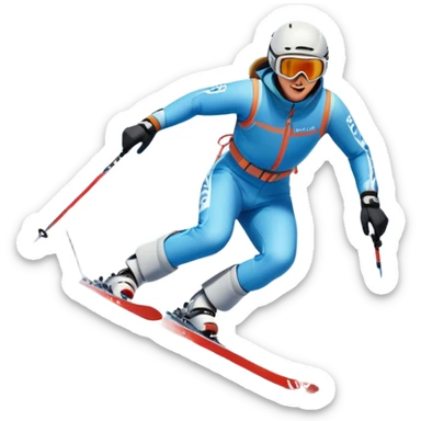 An icon featuring snowy peaks, pine trees, and a picturesque mountain landscape with a skier racing down a snow-covered slope. The sky is blue with soft clouds, capturing the thrill and beauty of alpine skiing. Transparent background highlights the excitement and serenity of winter sports. sticker