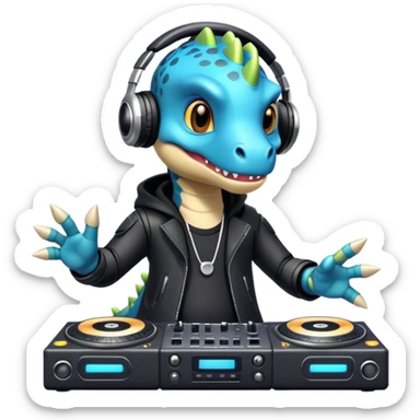 Dinosaurio muy tierno músico DJ con ropa negra futurista con nombre verexxo  sticker