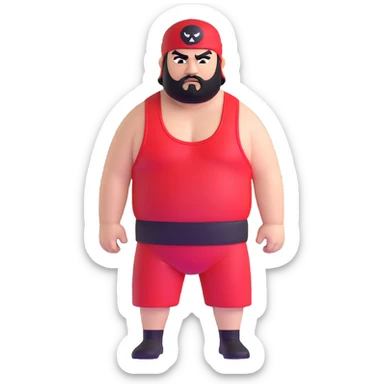 White skin fat guy with prominent black durag, short black beard, black eyes in a red and black wrestling singlet with angry face sticker