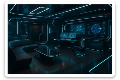 futuristic high-tech interior with sleek furniture, neon accents, advanced technology sticker