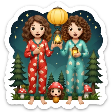 pajama forest duo — long wavy brown hair tattooed woman and short tight curly brown hair woman — mushroom pajamas yawning with lantern sticker