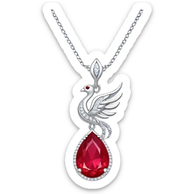 teardrop ruby pendant with fiery light, tiny phoenix feather, shimmering white stones, silver chain, ethereal and powerful rebirth theme sticker