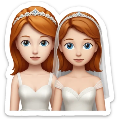 A ginger woman with blue eyes, marrying a taller woman with brown hair and hazel eyes, both in wedding dresses. sticker