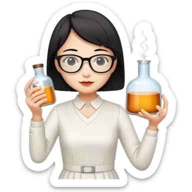 asian teacher with a white dress holding a flask with retangle glasses and black short hand  sticker