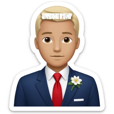 Homme avec bouquet fleurs blanches, avec uniforme bleu foncé cravate rouge, arabe raie sur le côté sans chapeau juste insigne sans bouton manchette et un peu bronzé sticker