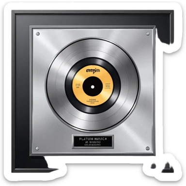 A platinum music award plaque: a square, polished platinum plate with a subtly textured, mirror-like finish, mounted on a simple dark metal base. The center features a relief of a or stylized vinyl record in a slightly darker metallic tone.  sticker