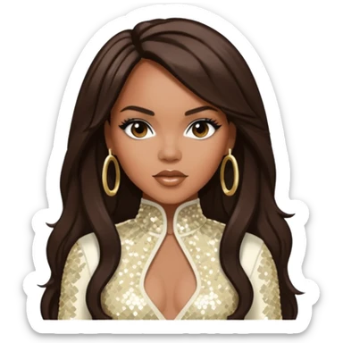 LeToya Luckett from Destiny's Child with long dark brown hair, ivory sequin outfit sticker