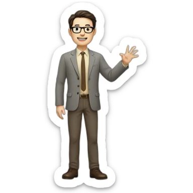 Full height Actively gesturing with hands Pale skinned fit man with dark brown hair in gray jacket, beige office shirt, brown tie, brown pants and vintage glasses. sticker