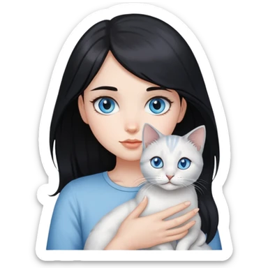 A black- haired girl holding a blue eyed silver-shaded cat sticker